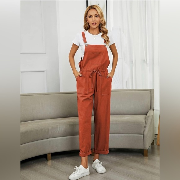 Womens Bib Overalls Adjustable Strap Drawstring Cotton Linen Jumpsuits - Picture 2 of 7